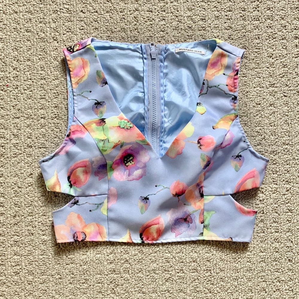 Light Blue Floral Cutout Crop Top